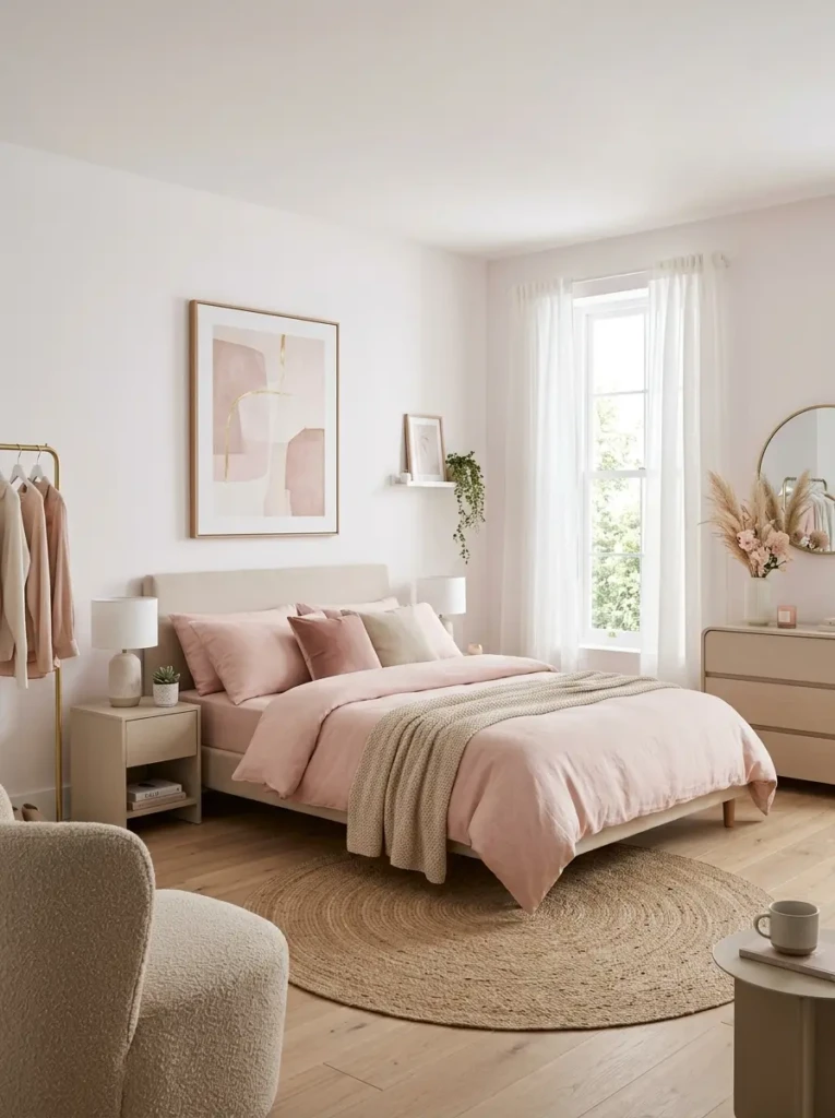 Pink minimalist room featuring blush bedding, white furniture, and subtle pastel accents