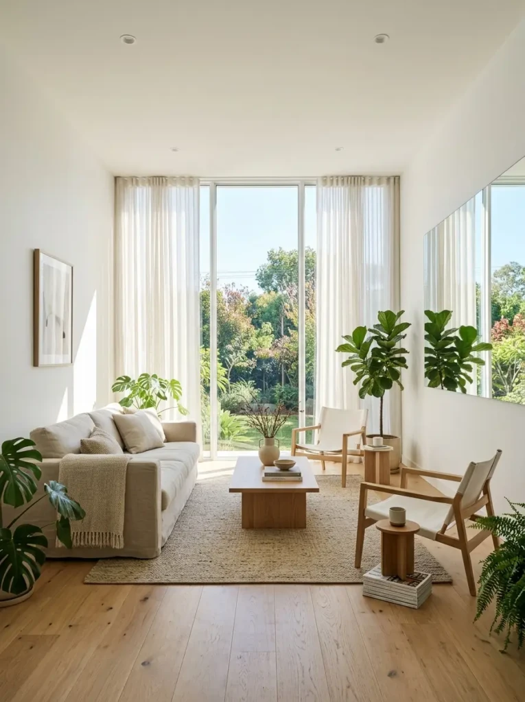 Sun-filled minimalist living room with large windows, sheer curtains, and airy open design
