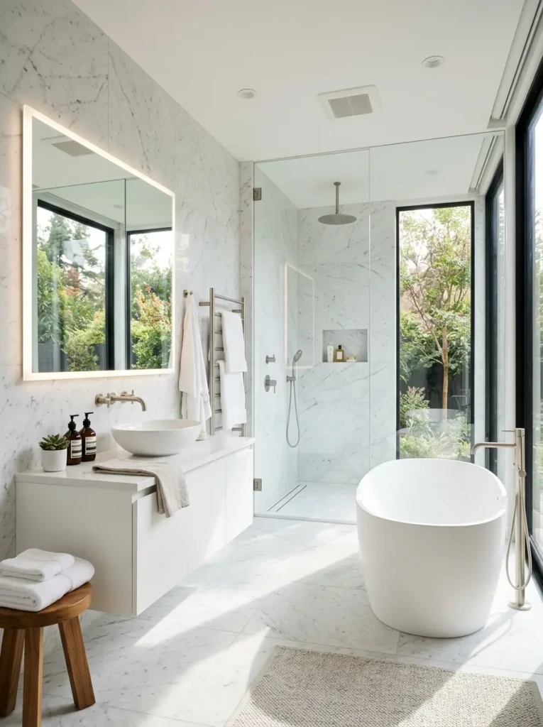 Bright white minimalist bathroom with marble walls, floating vanity, frameless glass shower, and a luxurious freestanding tub.